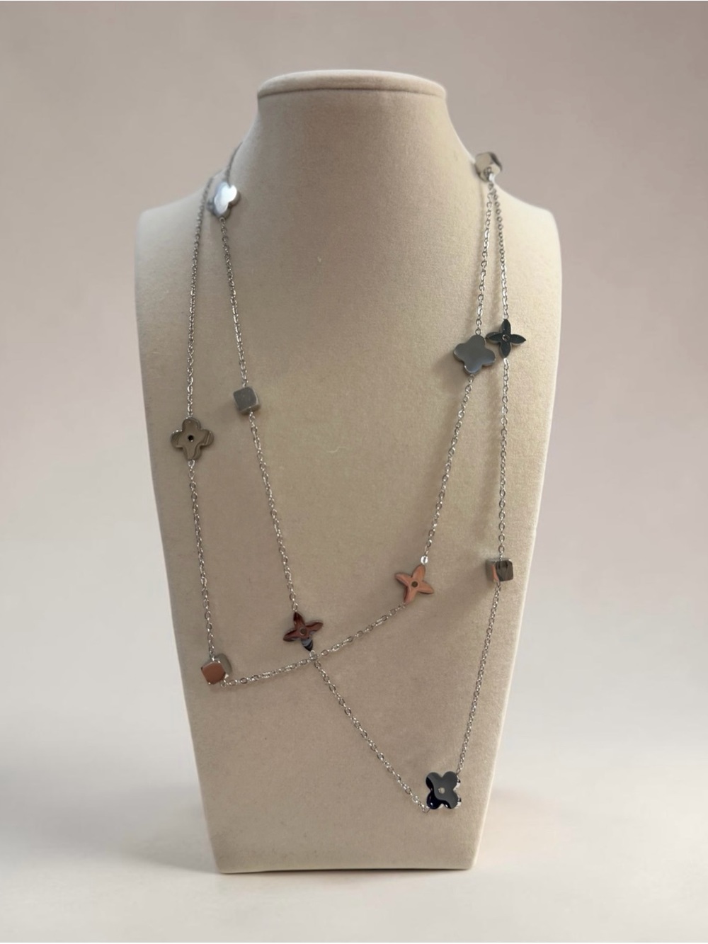 Long Stainless Steel Multi-Shape Layered Necklace - Silver and Clover Accents